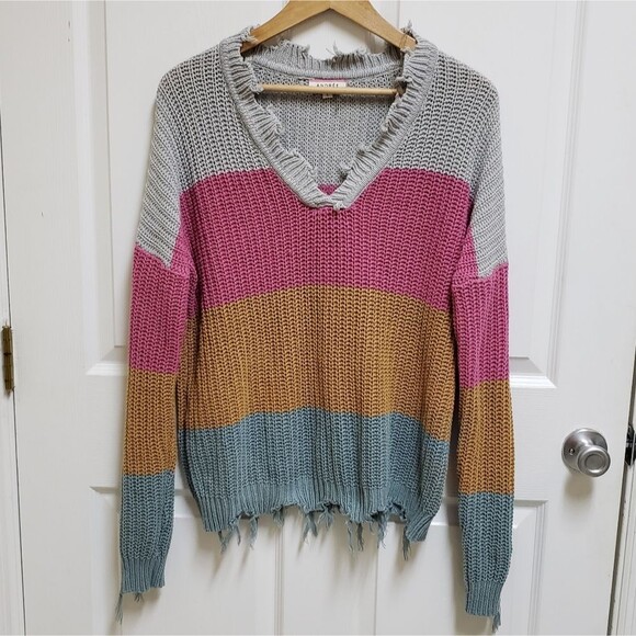 Andree By Unit Sweater Women Large Colorblock Striped Chewed Frayed Boho Grunge - Picture 1 of 9